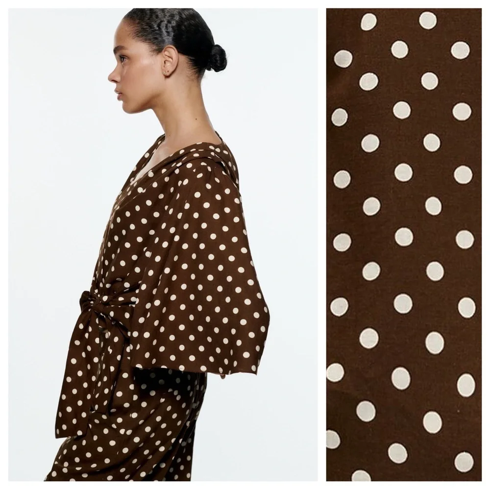 NWT. Zara Brown/Cream Polka Dots Crop Top with Bow. Size L. - Picture 5 of 12